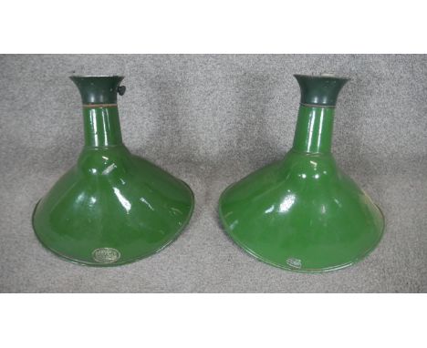 A pair of vintage Benjamin painted metal industrial style light shades with maker's mark. H.36 W.37cm 