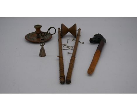 A collection of treen and silver. Including a treen carved horses head letter opener with glass eyes, a brass mounted treen c