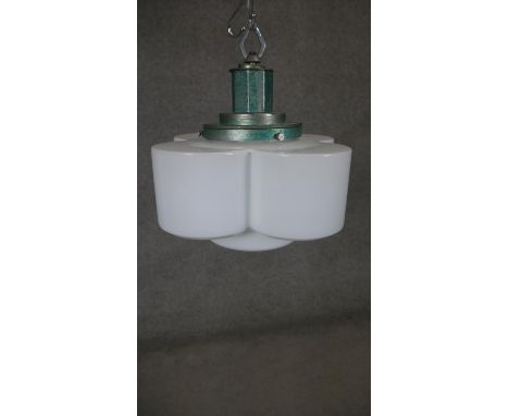 A vintage four petalled milk glass ceiling lamp with chrome fittings. H.40 W.30cm 