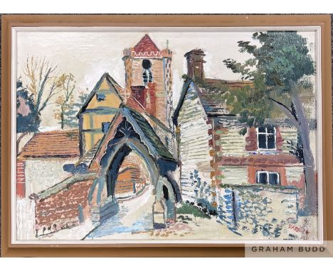 Fred Yates (British 1922-2008) 'Church Scene'
oil on board. Signed in lower right
Measures 65 by 57cm including frame / 57 by