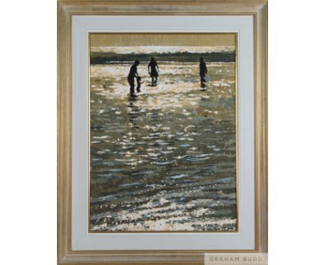 Hazel Soan (British b.1954) 'Gilded Dusk' painting, 1996
Oil on thin card, signed in lower right margin.
Measures 78 by 97cm
