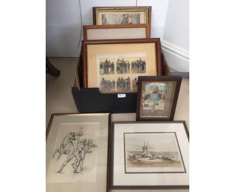 A quantity of pictures to include David Roberts lithograph, drawing after Rafael, military &amp; topographical prints etc