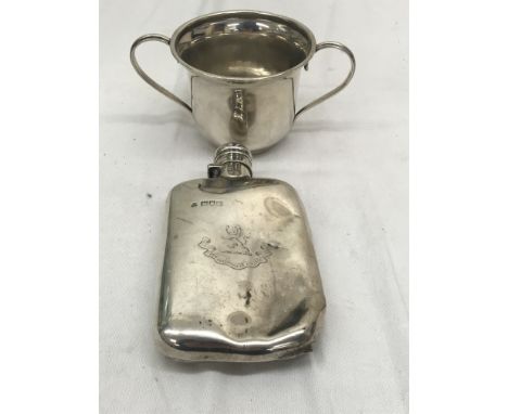 A HM silver twin-handled cup; together with a HM silver hip flask