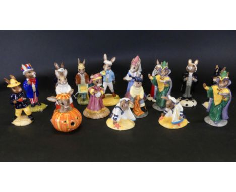 Seventeen Royal Doulton Bunnykins figuresComprising 218 'Fortune Teller', 213 'Sundial', 197 'Mystic' x2, 64 'Policeman', 132