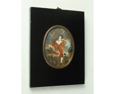 An early 20th Century portrait miniature on ivorineDepicting a classically dressed boy seated on rocks, signed Piellg, inset 