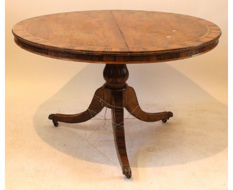 A 19th Century rosewood and zebra wood banded pedestal dining tableThe circular top raised on a tripod base with brass paw fe
