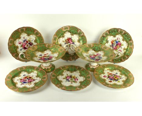 A Royal Worcester eight piece dessert serviceComprising two twin handled pedestal bowls, height 14cm, diameter 31cm and six p