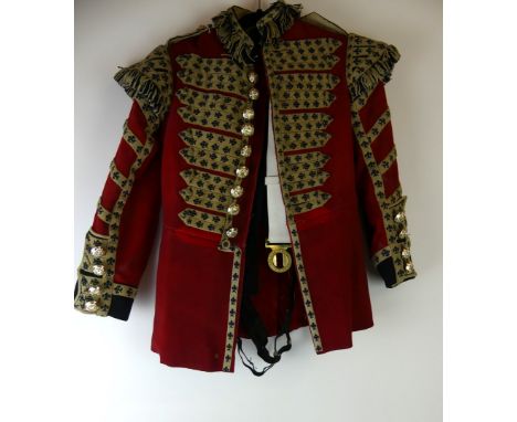 A child's Scots Guards ceremonial drummer uniform, late 20th CenturyUniform consisting of tunic, trousers, belt, Staybrite bu