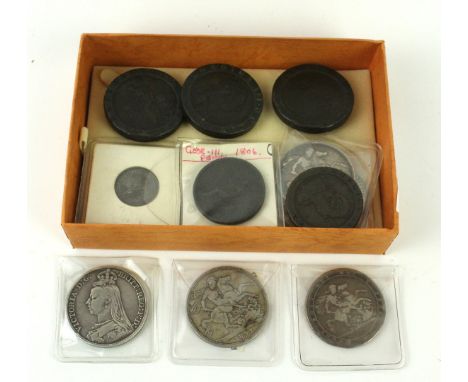 A collection of George II and later silver coinageTo include George II silver lima shilling dated 1746, George III crowns dat
