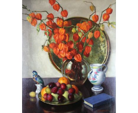 E. Hartley Mooney (Exh. 1926-1932) - 'Still Life'Depicting an arrangement of Chinese lanterns, fruits and objects and intrigu