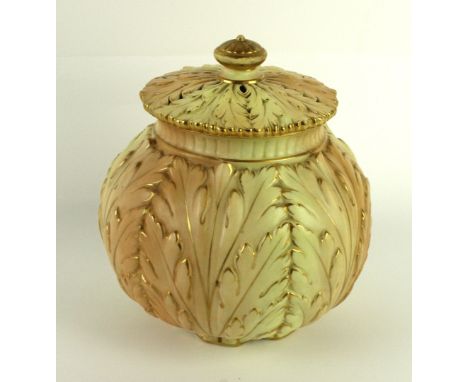 A Royal China Works Worcester blush ivory pot pourri and coverRelief decorated with acanthus leaves to body with gilt highlig