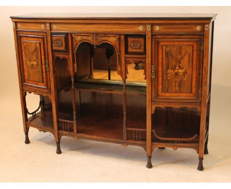 An Edwardian mahogany rosewood inlaid bow front sideboardFitted with two doors and two drawers single shelf and turned suppor