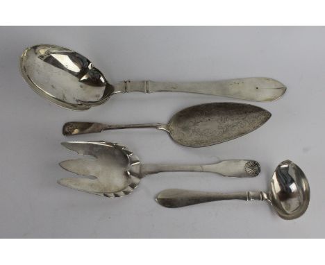 Four pieces of Danish silver flatwareTo include; an oversized silver serving spoon, length 35.5cm, Copenhagen 1928, a matched