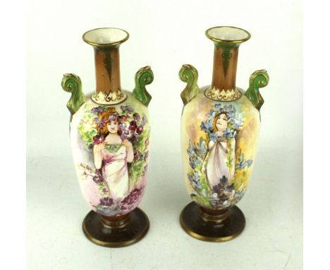 A pair of Art Nouveau twin handled vasesPossibly by Royal Bonn, each having hand-painted decoration depicting Art Nouveau fem