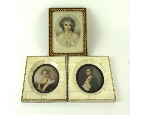 Two 20th Century oval portrait miniaturesA gent in military uniform and a lady in fur coat, both in ivory frames, together wi