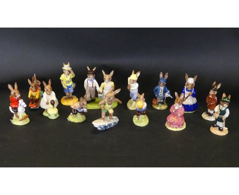 Fourteen Royal Doulton Bunnykins figuresComprising no. 80 'Dollie Playtime', 66 'School Boy', 81 'Billie and Buntie Sleigh Ri