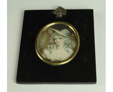 A 19th Century portrait miniature on ivoryDepicting a lady wearing a large hat with curly hair, inset within lacquered frame,