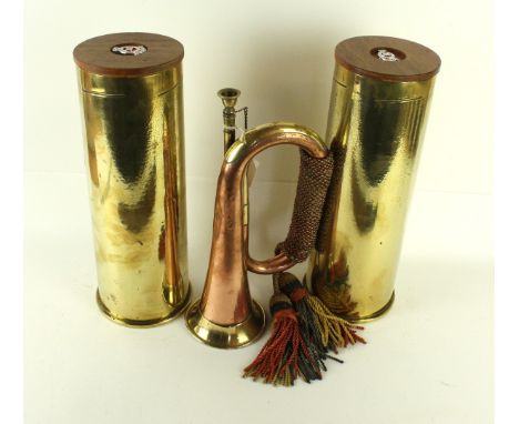 A pair of 105mm Abbot self propelling gun shell cases, late 20th CenturyEach case with a wooden inset top with Staybrite Roya