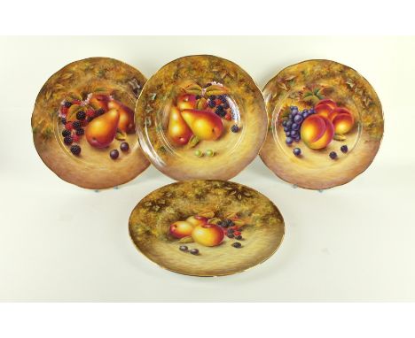 Four English bone china hand painted cabinet platesEach decorated with fruit in the manner of Royal Worcester, each signed N 