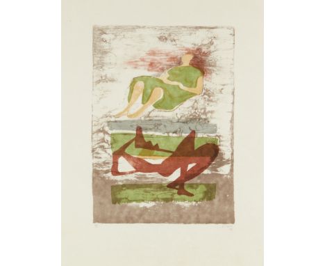 Henry Moore OM CH FBA, British 1898-1986,  Two Reclining Figures on Striped Background, 1973;  lithograph on Japon nacre pape