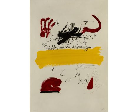Antoni T&agrave;pies,Spanish 1923-2012,&nbsp;Als Mestres de Catalunya, Planche 7, 1974;lithograph in colours on wove, signed 