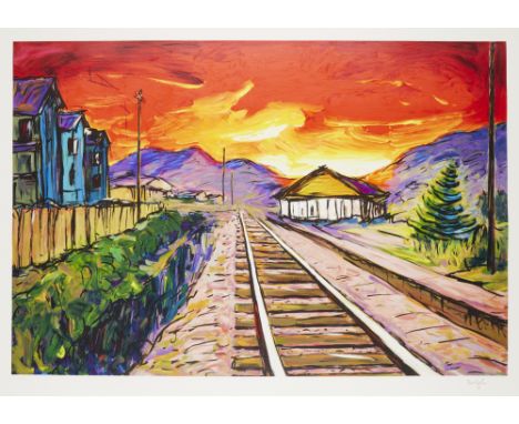 Bob Dylan, American b. 1941-  Train Tracks, 2019;   silkscreen in colours on Coventry Rag 320gsm Cotton Archival paper, signe