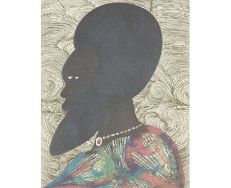 Chris Ofili CBE, British b. 1968-  Regal, 2000;   lithographic print in 4 colours on a silkscreened glow-in-the-dark backgrou