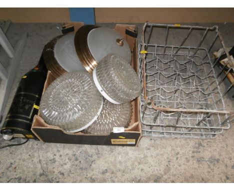 box of light fittings and vintage bottle crate