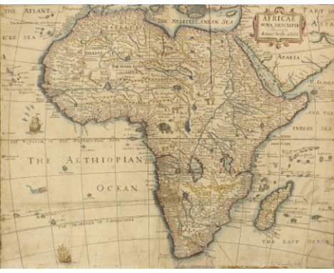 VAUGHAN (ROBERT) AFRICA DOUBLE PAGE ENGRAVED MAP 1663  (in image), hand coloured, mounted to or within chain line, old crease