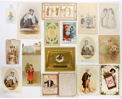 A VICTORIAN FOUR FOLD CHRISTMAS CARD BY MARCUS WARD &amp; CO with two putti on a branch before the full moon 14cm w, another,