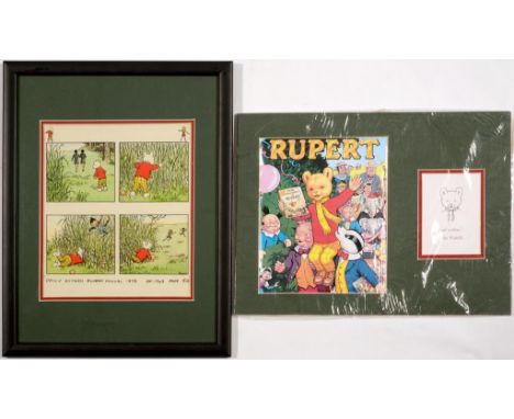 [RUPERT - ORIGINAL ARTWORK] ORIGINAL PEN AND INK HEAD-AND-SHOULDERS SKETCH OF RUPERT BEAR BY JOHN HARROLD circa 1980's signed