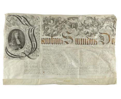 KING JAMES II - A LATE 17TH CENTURY DOCUMENT IN LATIN ON A SINGLE VELLUM SHEET with elaborate printed heading and initial cap