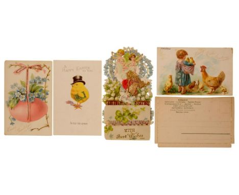 A VICTORIAN MECHANICAL EASTER CARD with embossed children, lilies of the valley and gilt harp, a German mechanical letter car