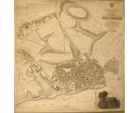 STAVELEY (E) AND H M WOOD PLAN OF THE TOWN AND COUNTY OF THE TOWN OF NOTTINGHAM... 1830 engraved wall map and vignette of Not