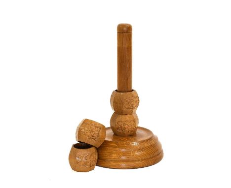 Cat and Mouseman: Lyndon Hammell (Harmby): An Oak Napkin Ring Stand, circular column on a turned circular base,27.5cm highA S