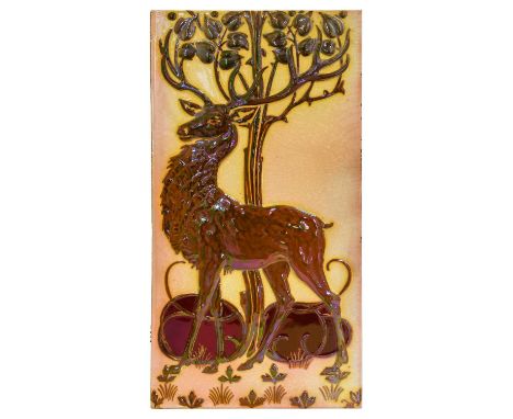 Albert Hall (1887-1934) for Pilkington's Royal Lancastrian: A Relief Moulded Lustre Tile, circa 1908, decorated with a stag s