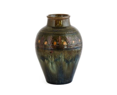 Christopher Dresser (Scottish, 1834-1904) for Linthorpe Pottery: A Vase, shape No.180, moulded with Aztec repeating motifs, g