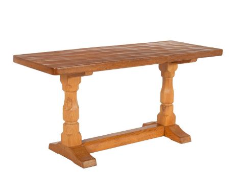 Workshop of Robert Mouseman Thompson (Kilburn): An English Oak 3ft Refectory Coffee Table, the rectangular adzed top on two o