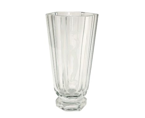 An Orrefors Clear Glass Vase, by Nils Lundberg, of hexagonal form, engraved with a nude and a dove, engraved marks,23.5cm hig