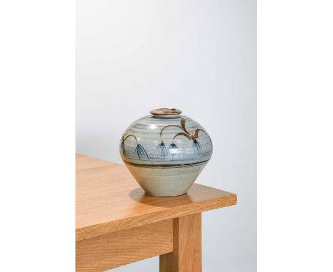 David Leach O.B.E (1911-2005): A Stoneware Vase, on a speckled blue/grey ground, willow tree motif, painted DL mark and impre