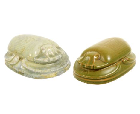 William Bray for Pilkington's Royal Lancastrian: Two Scarab Beetle Paperweights, green and pale blue ground, each stamped PIL