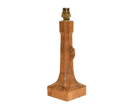 Workshop of Robert Mouseman Thompson (Kilburn): An English Oak Table Lamp, octagonal column on a square base, with carved mou