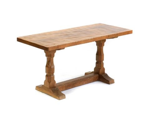 Workshop of Robert Mouseman Thompson (Kilburn): An English Oak 3ft Refectory Coffee Table, the rectangular adzed top on two o