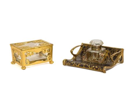 A German Art Nouveau Brass and Rosewood Inkwell, by Erhard & Sohne, c.1905, brass inlaid with ivy and stylised patterns, unma