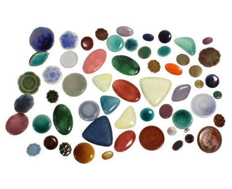 Forty Two Lancastrian Pottery Buttons, various glazes, shapes and sizes,largest 3.5cm diameterTwo HatpinsThirteen Lancastrian