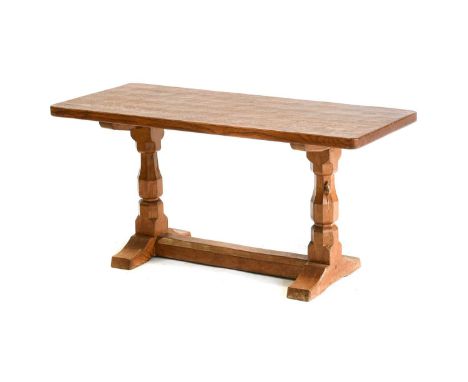 Workshop of Robert Mouseman Thompson (Kilburn): An English Oak 3ft Refectory Coffee Table, the rectangular adzed top on two o