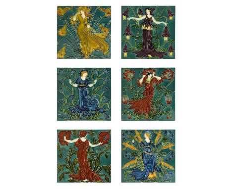 Walter Crane (1845-1915) for Pilkington's Royal Lancastrian: A Set of Six Flora's Train 6" Tiles, dust pressed with maidens a