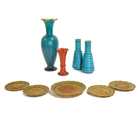 A Pair of Burmantofts Faience Vases, ribbed and incised decoration, turquoise glaze, each impressed BF 1532,21.5cm highA Bret