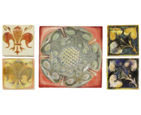 A Pilkington's Royal Lancastrian 6" Lustre Tile, moulded with the Tudor Rose, in blue/grey, on a deep pink ground, moulded P,