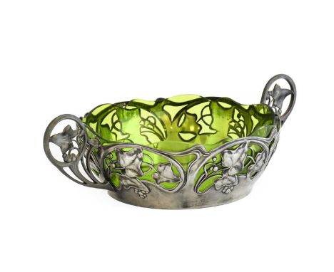 A Jugendstil WMF (Wurttembergische Metallwarenfabrik) Silver Plated Salad Bowl, cast with ivy vines, with green glass liner, 